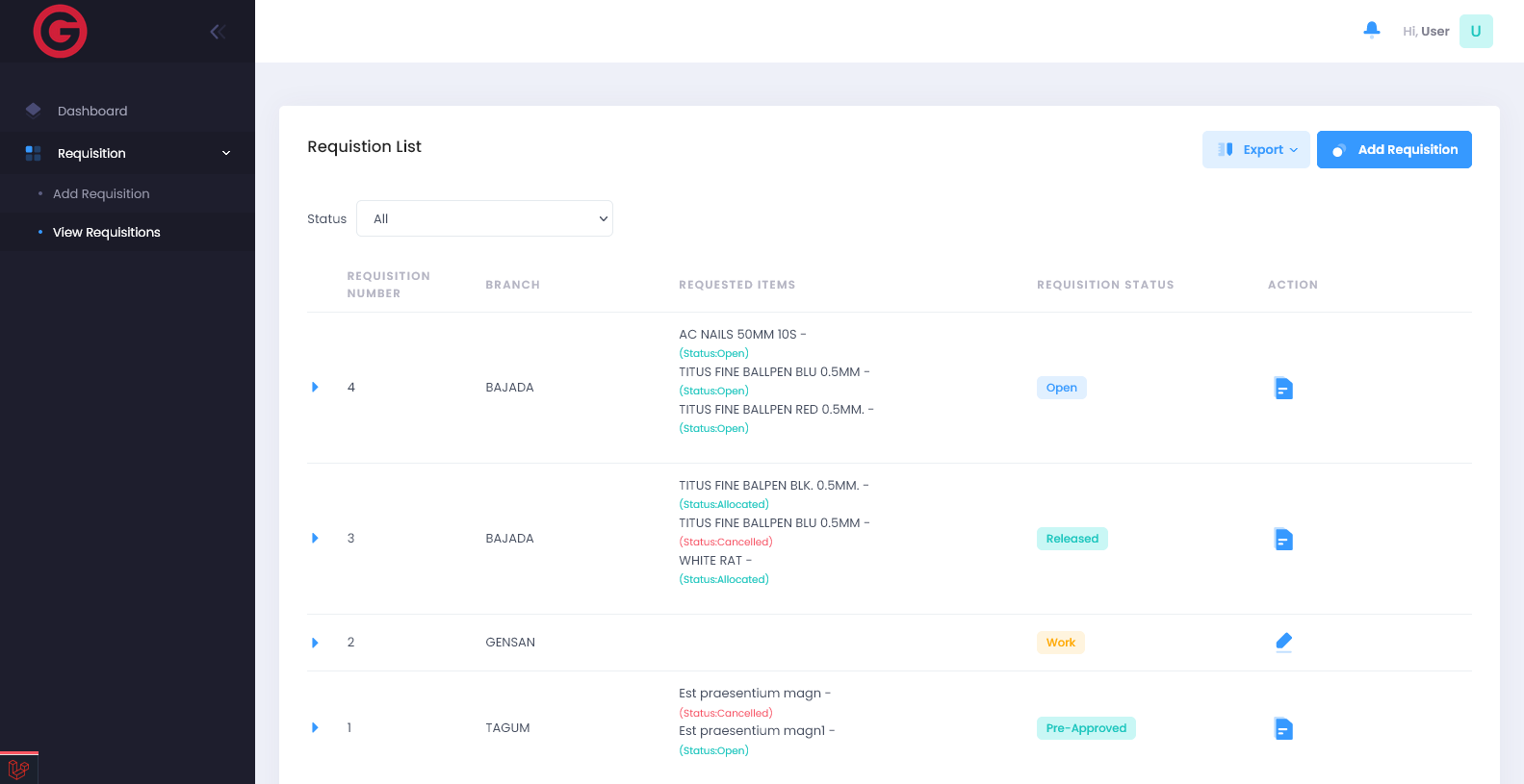 Requisition List UI